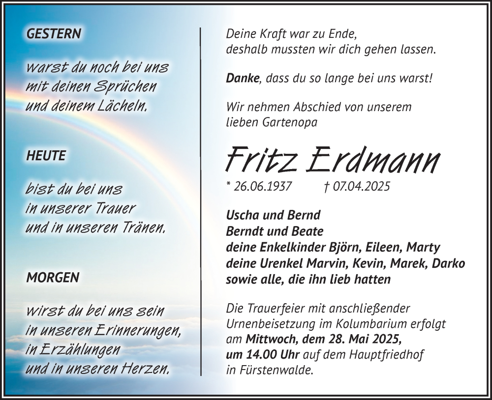  Traueranzeige für Fritz Erdmann vom 17.05.2025 aus Märkische Oderzeitung