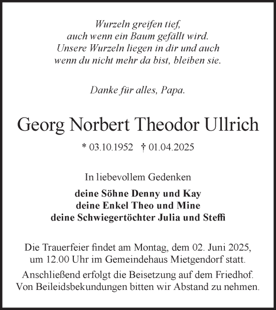 Traueranzeige von Georg Norbert Theodor Ullrich von Märkische Oderzeitung