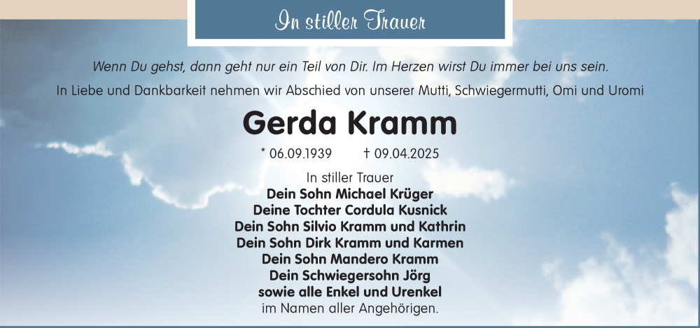  Traueranzeige für Gerda Kramm vom 17.05.2025 aus Märkische Oderzeitung