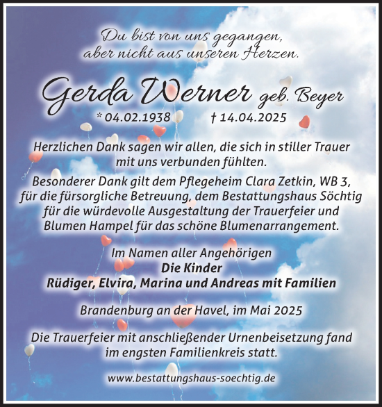 Traueranzeige von Gerda Werner von Märkische Oderzeitung