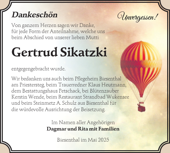 Traueranzeige von Gertrud Sikatzki von Märkische Oderzeitung