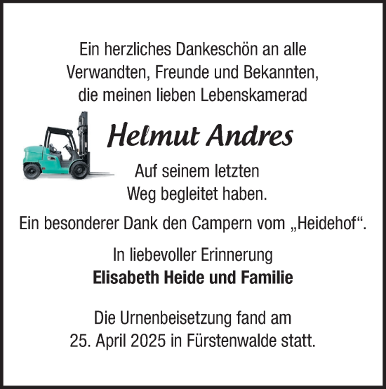 Traueranzeige von Helmut Andres von Märkische Oderzeitung