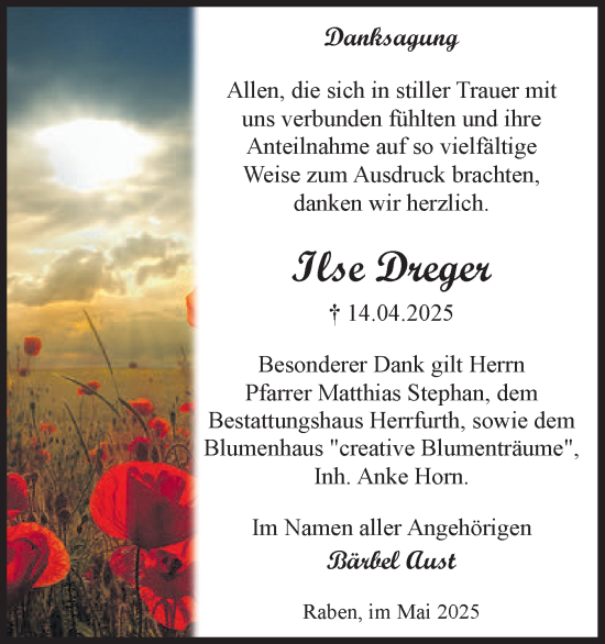 Traueranzeige von Ilse Dreger von Märkische Oderzeitung