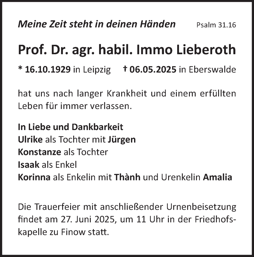 Traueranzeige für Immo Lieberoth vom 14.06.2025 aus Märkische Oderzeitung