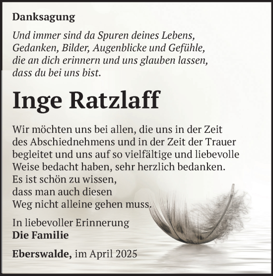 Traueranzeige von Inge Ratzlaff von Märkische Oderzeitung