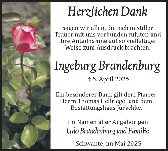 Traueranzeige von Ingeburg Brandenburg von Märkische Oderzeitung