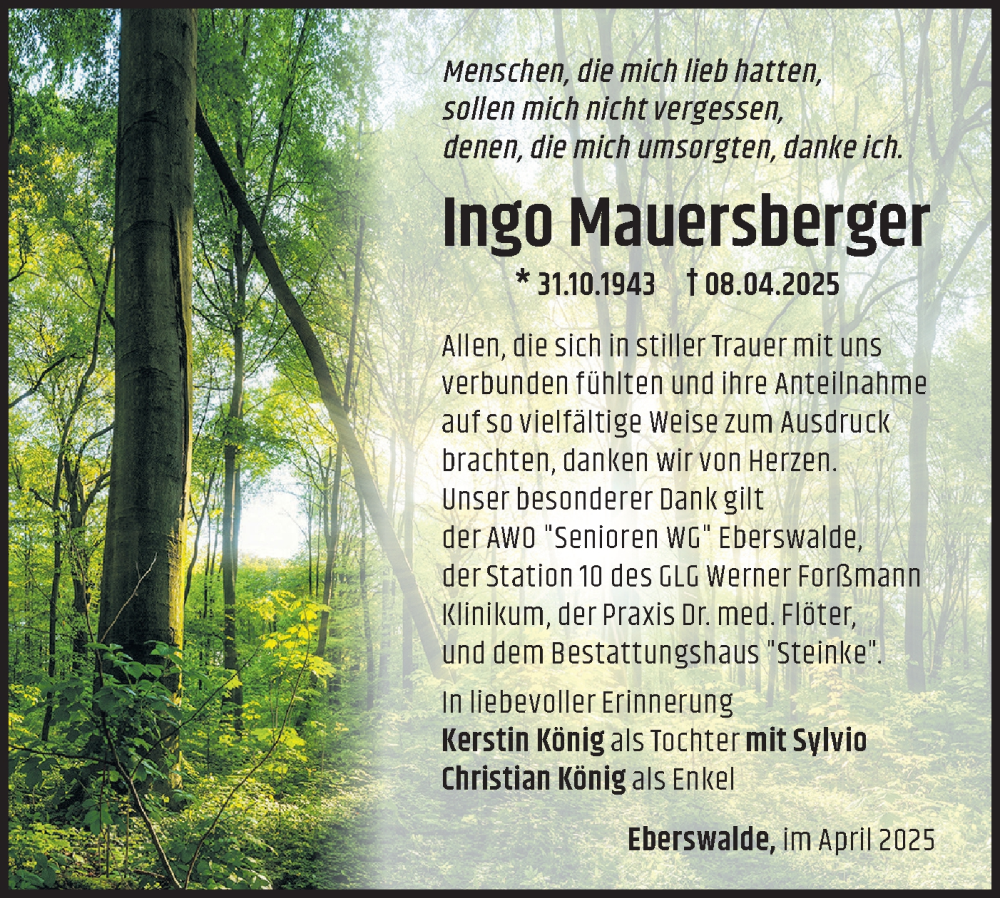  Traueranzeige für Ingo Mauersberger vom 17.05.2025 aus Märkische Oderzeitung