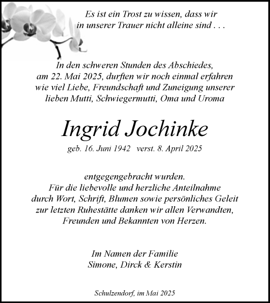 Traueranzeige von Ingrid Jochinke von Märkische Oderzeitung