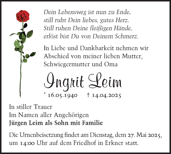 Traueranzeige von Ingrit Leim von Märkische Oderzeitung