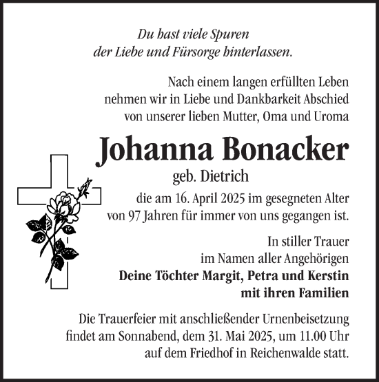 Traueranzeige von Johanna Bonacker von Märkische Oderzeitung