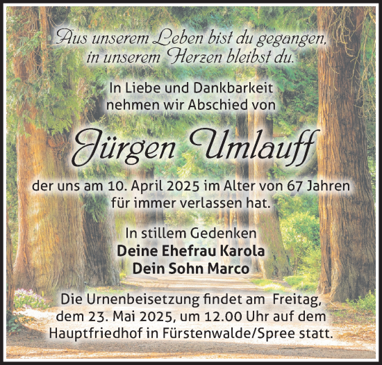 Traueranzeige von Jürgen Umlauff von Märkische Oderzeitung