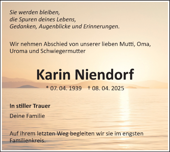 Traueranzeige von Karin Niendorf von Märkische Oderzeitung