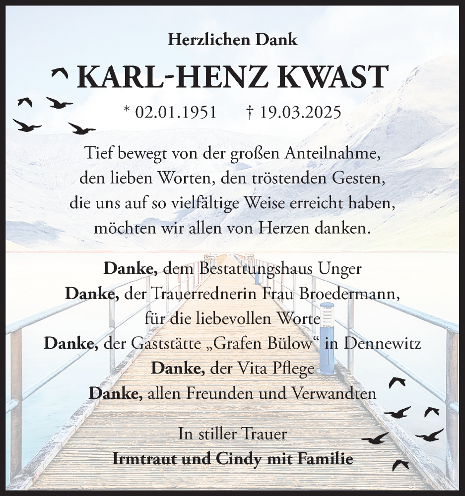  Traueranzeige für Karl-Heniz Kwast vom 17.05.2025 aus Märkische Oderzeitung