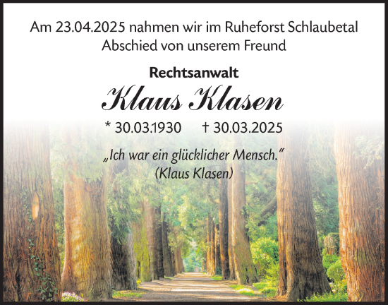Traueranzeige von Klaus Klasen von Märkische Oderzeitung