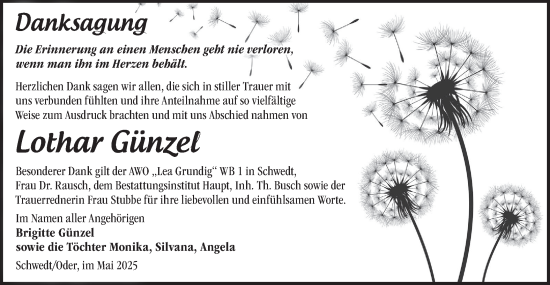 Traueranzeige von Lothar Günzel von Märkische Oderzeitung