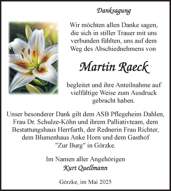 Traueranzeige von Martin Raeck von Märkische Oderzeitung