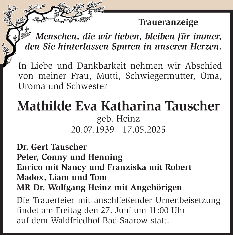  Traueranzeige für Mathilde Eva Katharina Tauscher vom 07.06.2025 aus Märkische Oderzeitung