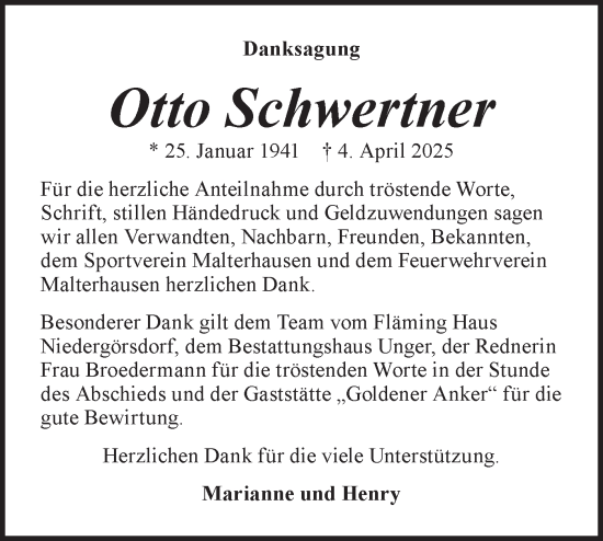 Traueranzeige von Otto Schwertner von Märkische Oderzeitung