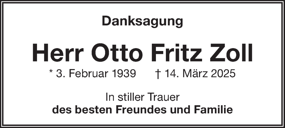  Traueranzeige für Otto Fritz Zoll vom 07.06.2025 aus Märkische Oderzeitung