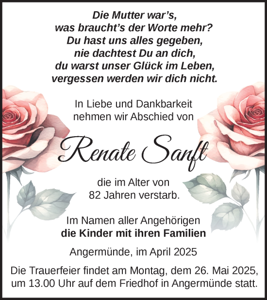 Traueranzeige von Renate Sanft von Märkische Oderzeitung
