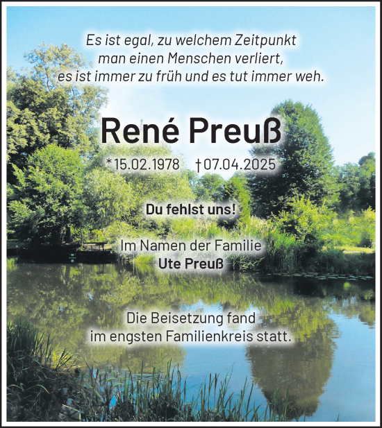 Traueranzeige von René Preuß von Märkische Oderzeitung