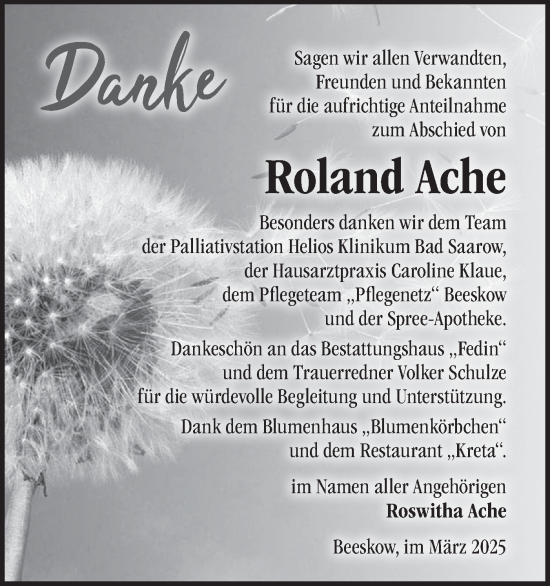 Traueranzeige von Roland Ache von Märkische Oderzeitung