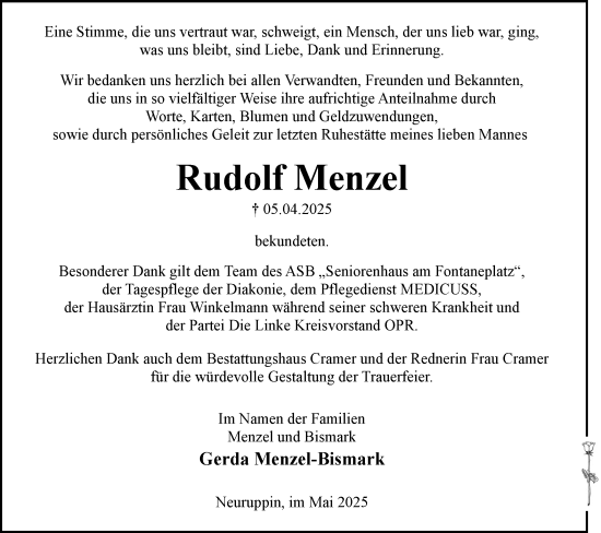 Traueranzeige von Rudolf Menzel von Märkische Oderzeitung