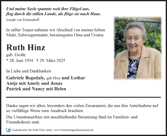 Traueranzeige von Ruth Hinz von Märkische Oderzeitung