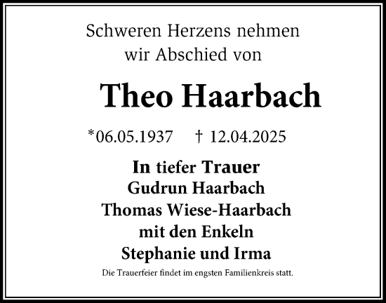 Traueranzeige von Theo Haarbach von Märkische Oderzeitung
