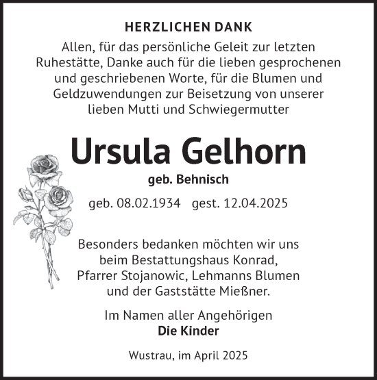 Traueranzeige von Ursula Gelhorn von Märkische Oderzeitung
