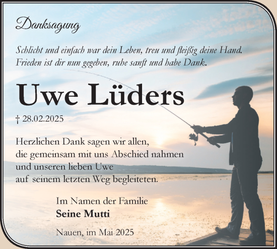 Traueranzeige von Uwe Lüders von Märkische Oderzeitung