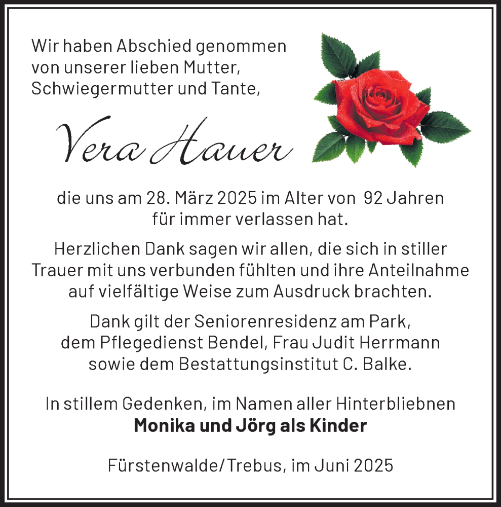  Traueranzeige für Vera Hauer vom 07.06.2025 aus Märkische Oderzeitung