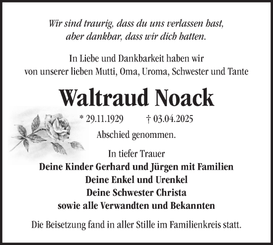 Traueranzeige von Waltraud Noack von Märkische Oderzeitung
