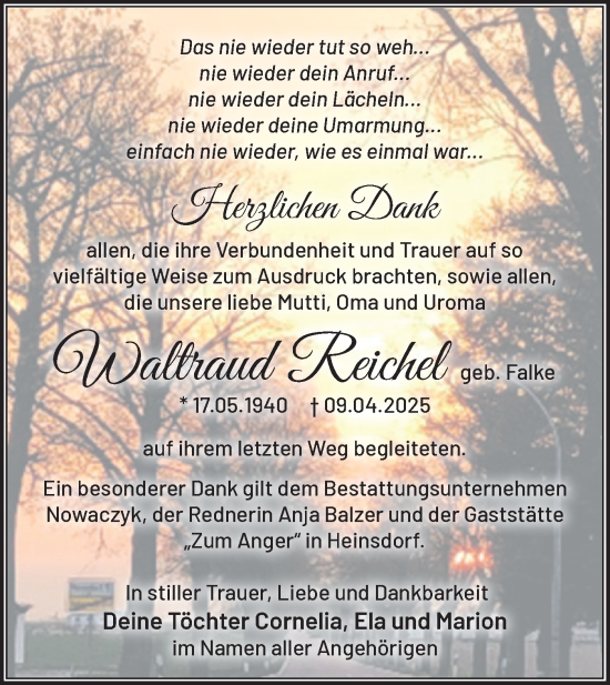 Traueranzeige von Waltraud Reichel von Märkische Oderzeitung