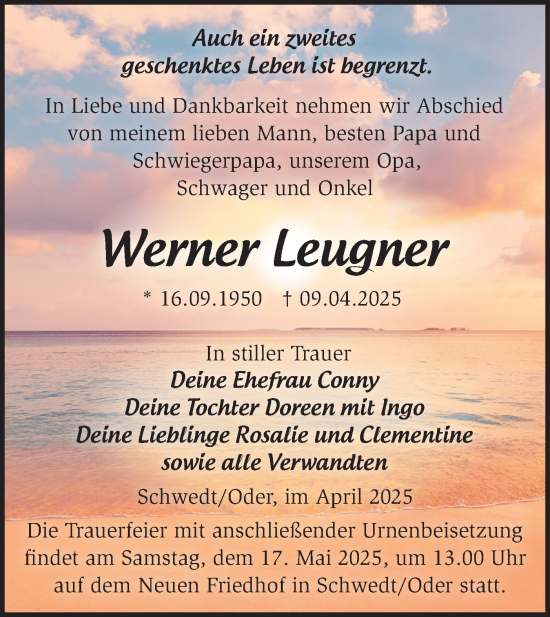 Traueranzeige von Werner Leugner von Märkische Oderzeitung