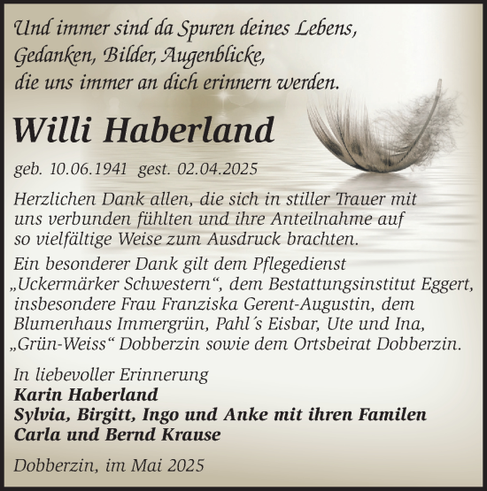 Traueranzeige von Willi Haberland von Märkische Oderzeitung