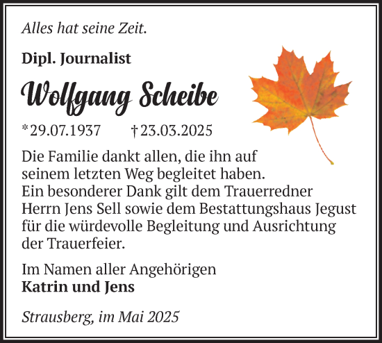 Traueranzeige von Wolfgang Scheibe von Märkische Oderzeitung