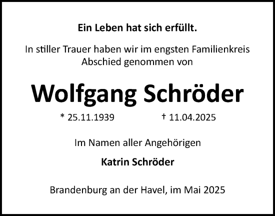 Traueranzeige von Wolfgang Schröder von Märkische Oderzeitung