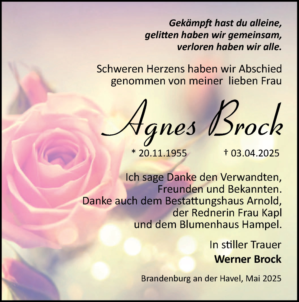  Traueranzeige für Agnes Brock vom 24.05.2025 aus Märkische Oderzeitung
