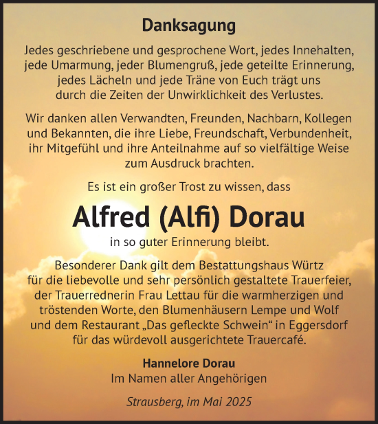 Traueranzeige von Alfred Dorau von Märkische Oderzeitung