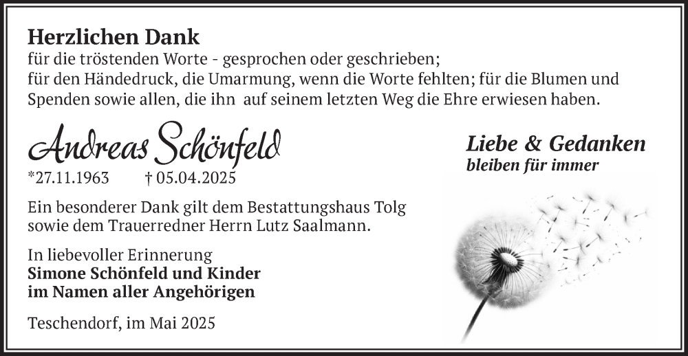  Traueranzeige für Andreas Schönfeld vom 24.05.2025 aus Märkische Oderzeitung