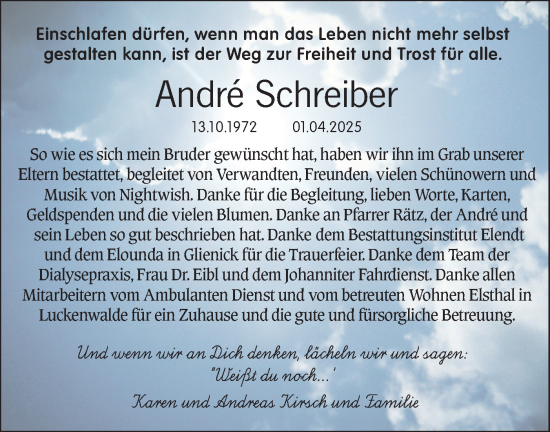 Traueranzeige von André Schreiber von Märkische Oderzeitung