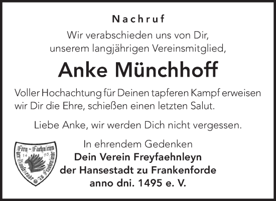 Traueranzeige von Anke Münchhoff von Märkische Oderzeitung