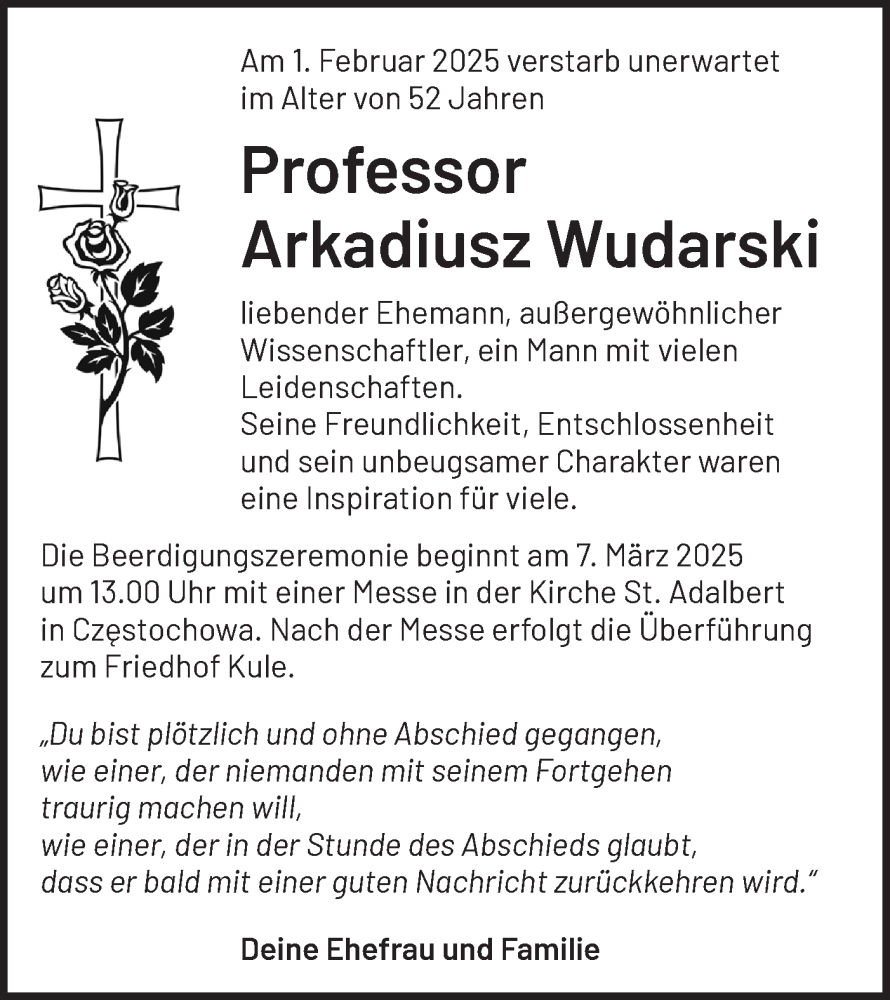  Traueranzeige für Arkadiusz Wudarski vom 05.03.2025 aus Märkische Oderzeitung