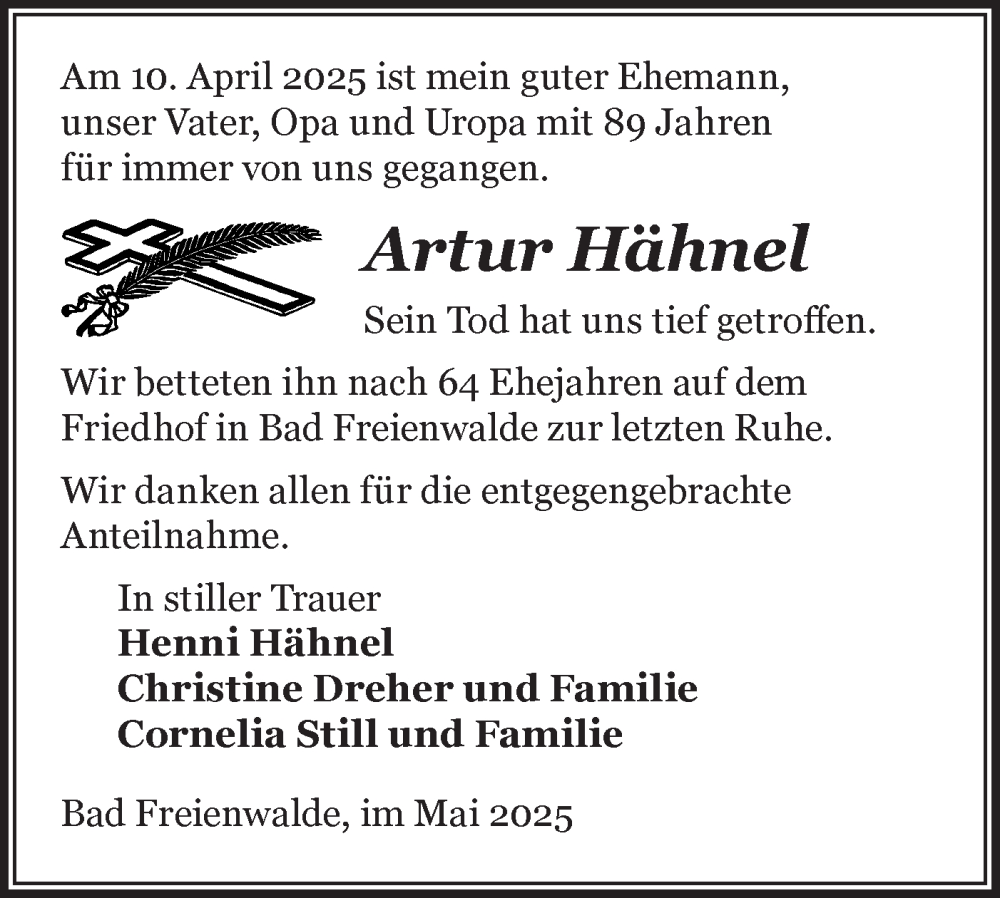  Traueranzeige für Artur Hähnel vom 24.05.2025 aus Märkische Oderzeitung