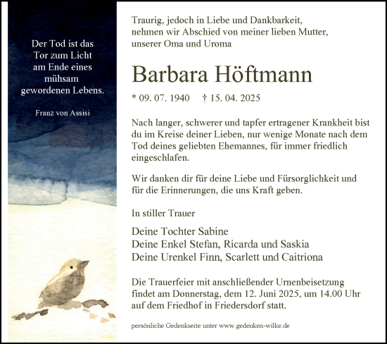 Traueranzeige von Barbara Höftmann von Märkische Oderzeitung