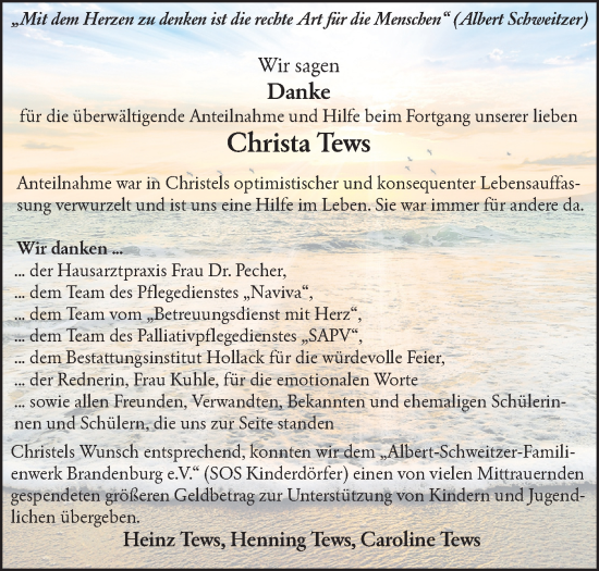 Traueranzeige von Christa Tews von Märkische Oderzeitung