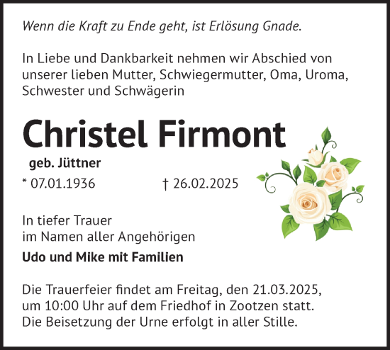 Traueranzeige von Christel Firmont von Märkische Oderzeitung