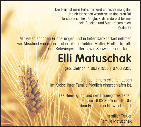 Traueranzeige von Elli Matuschak von Märkische Oderzeitung
