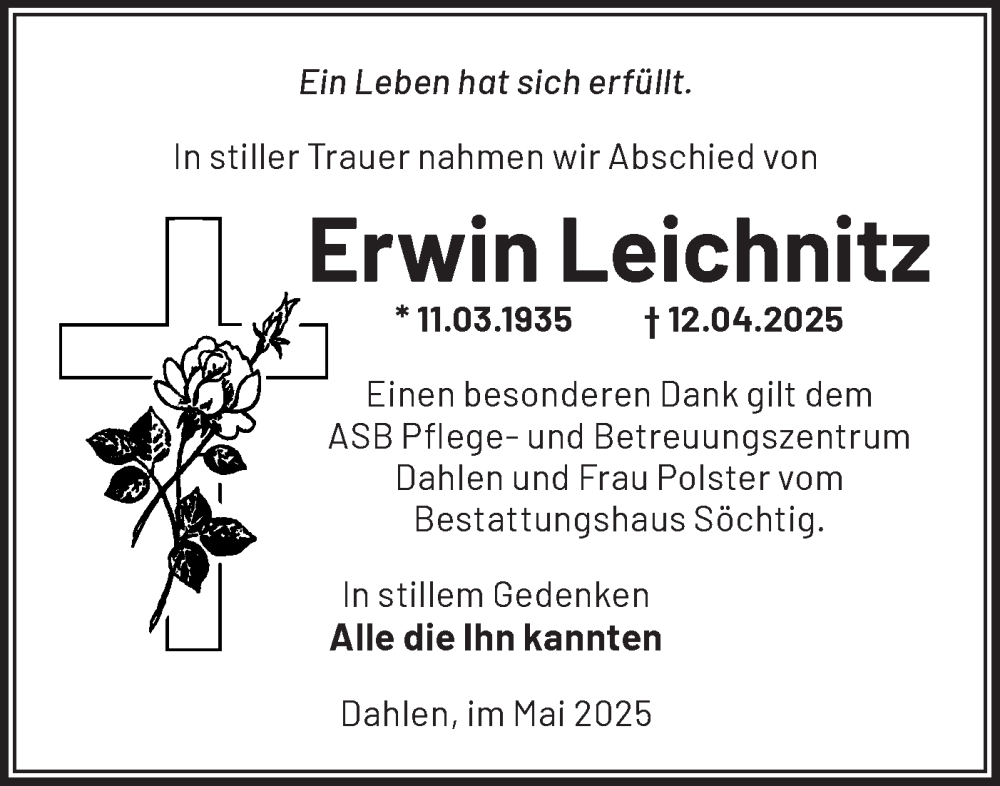  Traueranzeige für Erwin Leichnitz vom 24.05.2025 aus Märkische Oderzeitung